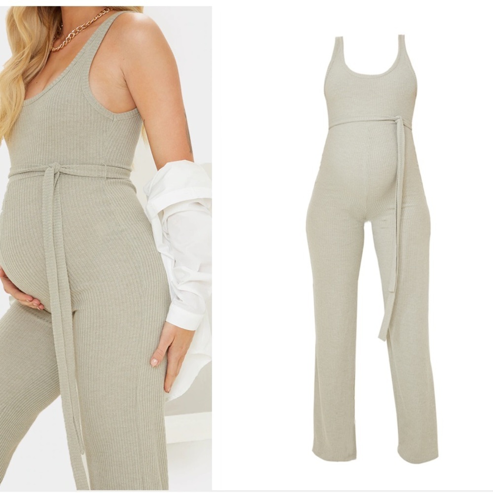 New‎ pretty little thing Maternity Sage Ribbed Tie Waist Jumpsuit - Picture 2 of 7
